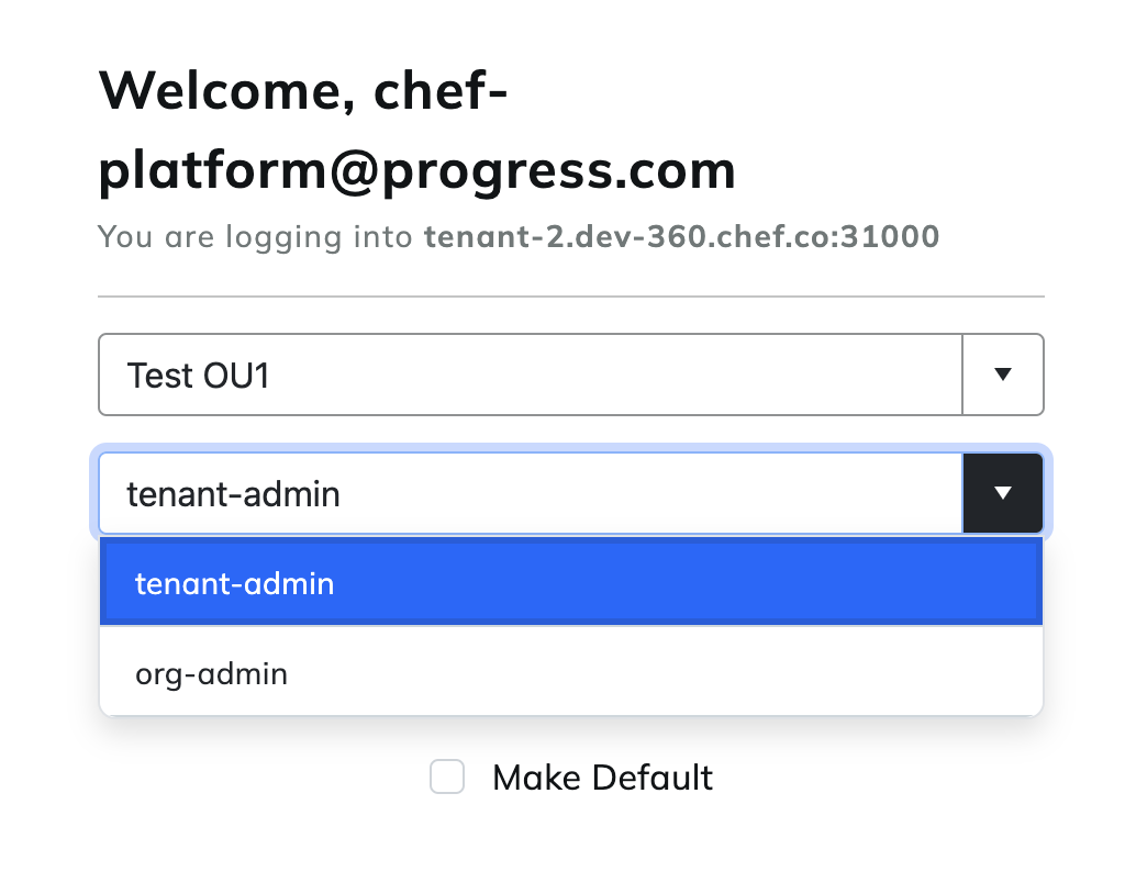 Chef 360 Platform organization and role selection screen.