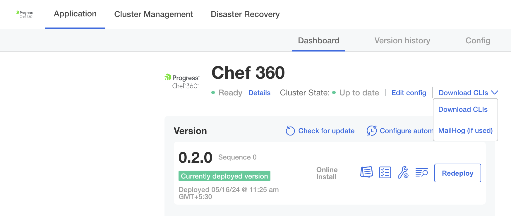 Chef 360 Platform Admin Console showing menu with link to download CLIs in the **Dashboard** window.